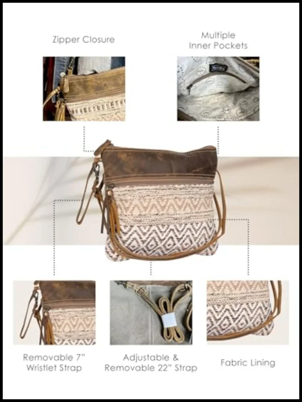 Boho Aztec Canvas Crossbody Bag with Real Leather Detailing